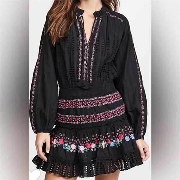 MISA Los Angeles Manuela Black Embroidered Cotton Mini Dress Small - Picture 14 of 14